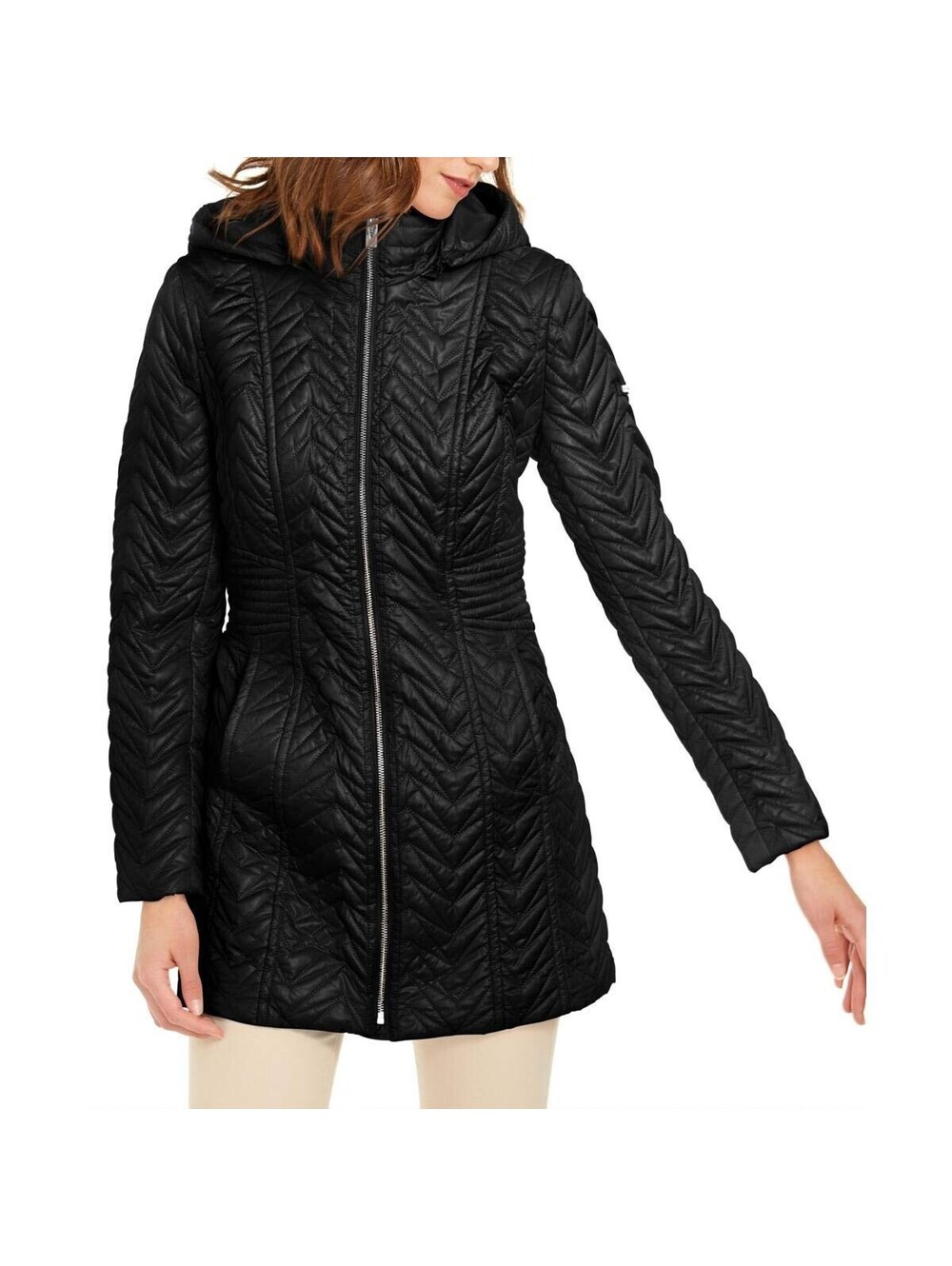 VIA SPIGA Womens Zig Zag Quilted Midi Puffer Jacket Black S
